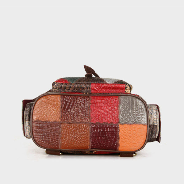 Womens Boho Patchwork Leather Backpack Bag Vintage Color Block Genuine Leather Backpack