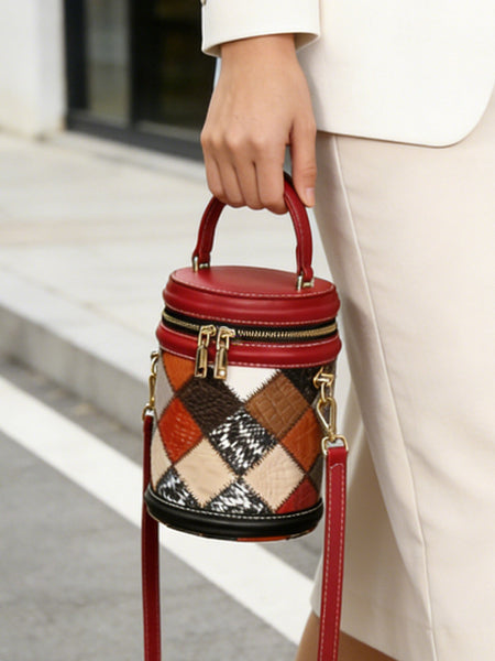Boho Patchwork Leather Bucket Bag for Women Mini Crossbody Top Handle Purse