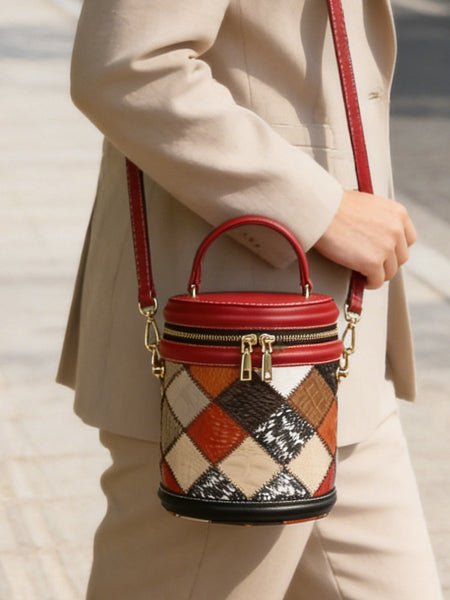 Boho Patchwork Leather Bucket Bag for Women Mini Crossbody Top Handle Purse Chic