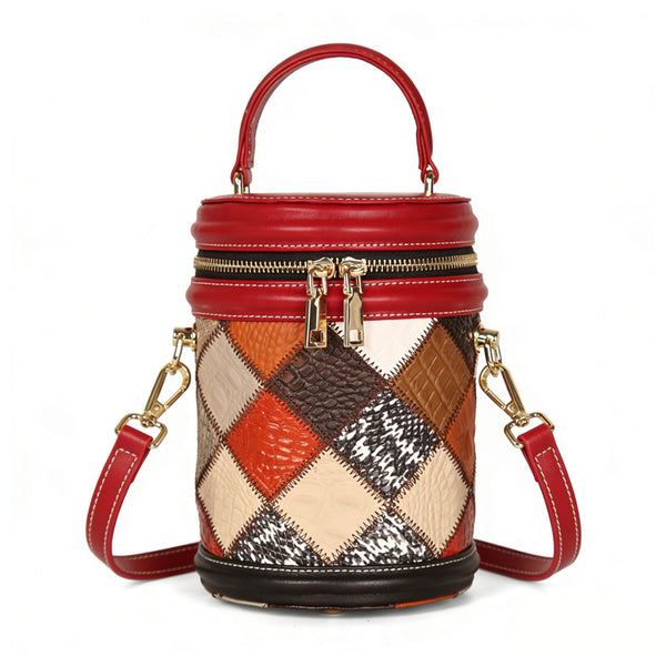 Boho Patchwork Leather Bucket Bag for Women Mini Crossbody Top Handle Purse Cool