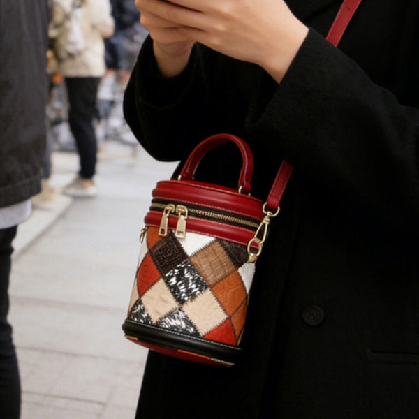 Boho Patchwork Leather Bucket Bag for Women Mini Crossbody Top Handle Purse Cute