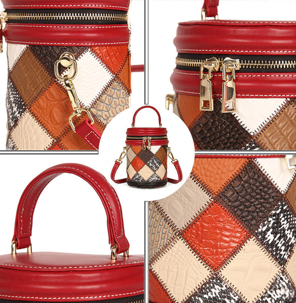 Boho Patchwork Leather Bucket Bag for Women Mini Crossbody Top Handle Purse Details