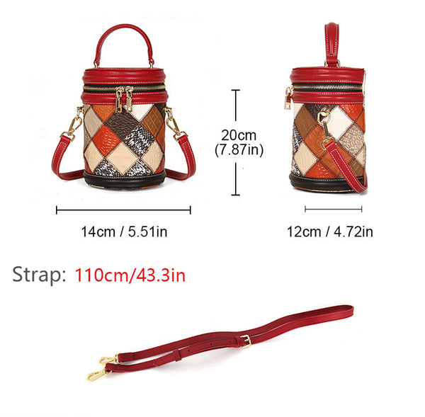 Boho Patchwork Leather Bucket Bag for Women Mini Crossbody Top Handle Purse Genuine-Leather