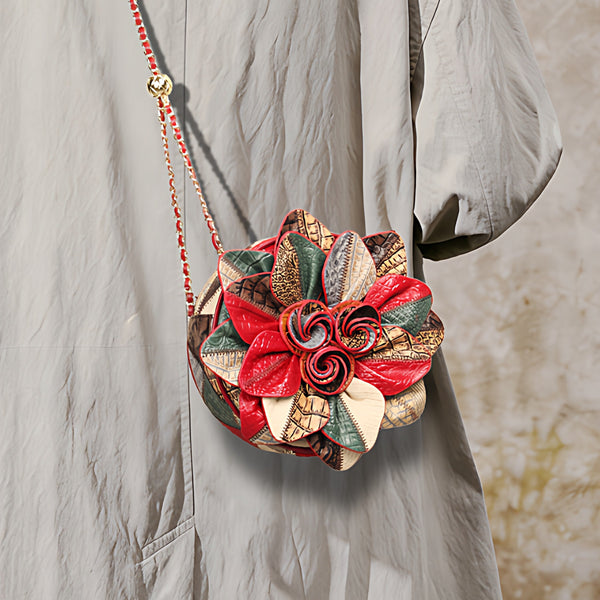 Boho Patchwork Leather Round Bag for Women Sunflower Crossbody Purse Casual