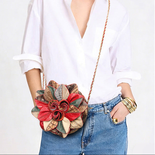 Boho Patchwork Leather Round Bag for Women Small Sunflower Crossbody Purse