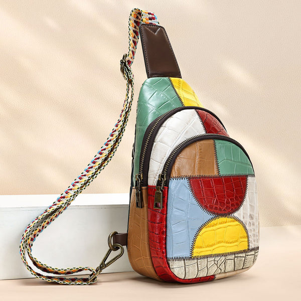 Boho Patchwork Leather Sling Bag for Women Colorful Genuine Leather Crossbody Chest Bag Beautiful