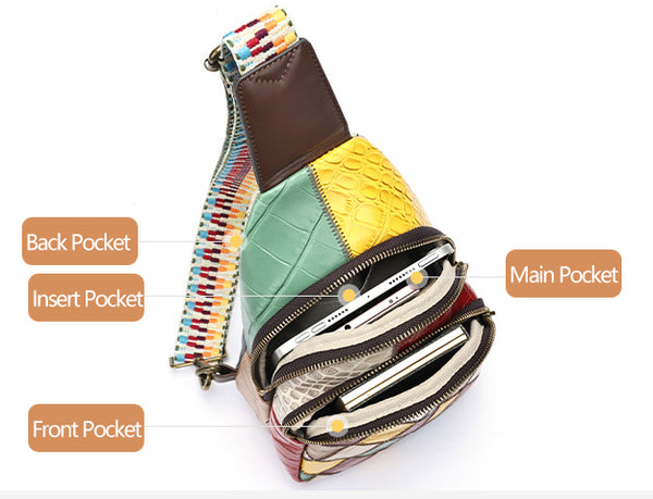 Boho Patchwork Leather Sling Bag for Women Colorful Genuine Leather Crossbody Chest Bag Capacity