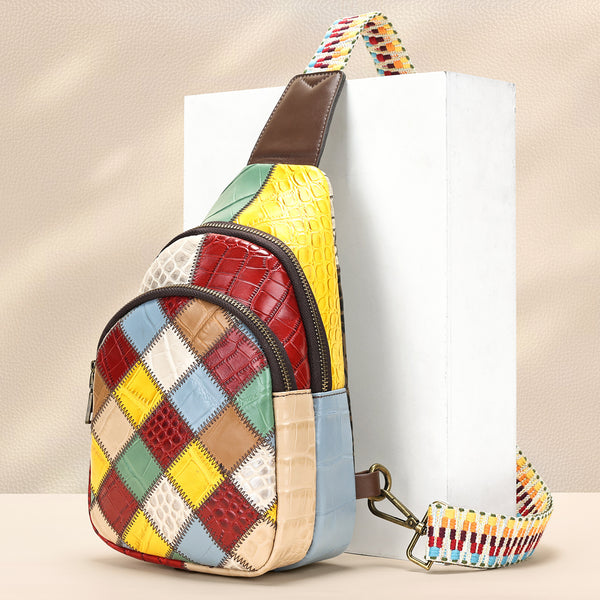 Boho Patchwork Leather Sling Bag for Women Colorful Genuine Leather Crossbody Chest Bag Casual