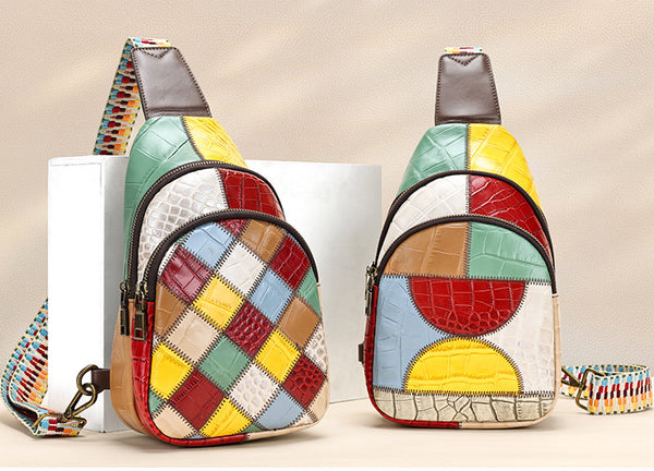 Boho Patchwork Leather Sling Bag for Women Colorful Genuine Leather Crossbody Chest Bag Classy