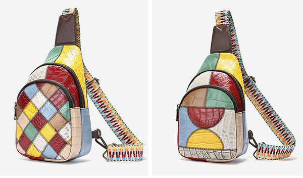Boho Patchwork Leather Sling Bag for Women Colorful Genuine Leather Crossbody Chest Bag Cool