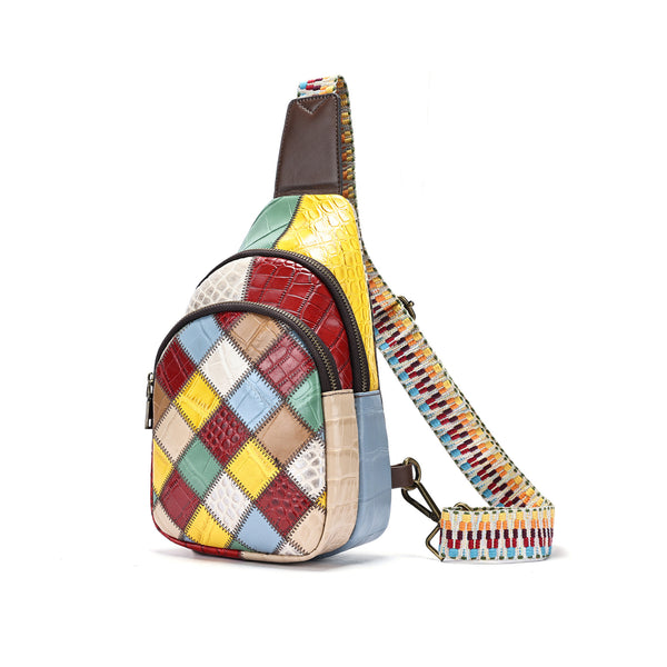 Boho Patchwork Leather Sling Bag for Women Colorful Genuine Leather Crossbody Chest Bag Cowhide