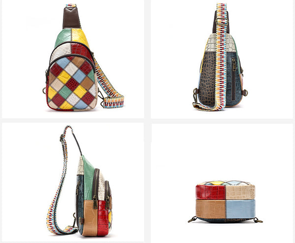 Boho Patchwork Leather Sling Bag for Women Colorful Genuine Leather Crossbody Chest Bag Cute