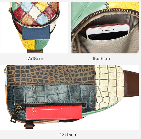 Boho Patchwork Leather Sling Bag for Women Colorful Genuine Leather Crossbody Chest Bag Details