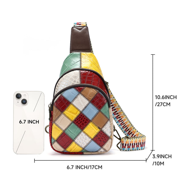 Boho Patchwork Leather Sling Bag for Women Colorful Genuine Leather Crossbody Chest Bag Size