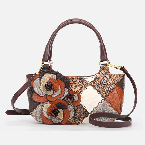 Boho Patchwork Leather Small Tote Bag for Women Floral Detail Crossbody Purse