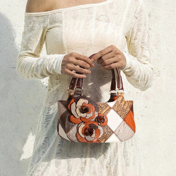 Boho Patchwork Leather Small Tote Bag for Women, Floral Detail Crossbody Purse Beautiful