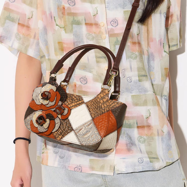 Boho Patchwork Leather Small Tote Bag for Women, Floral Detail Crossbody Purse Best