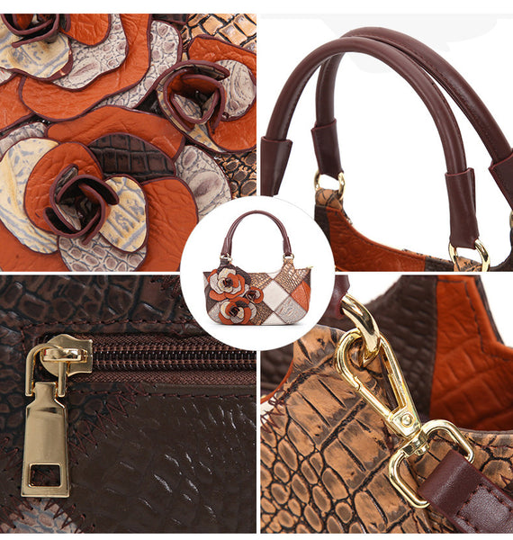 Boho Patchwork Leather Small Tote Bag for Women, Floral Detail Crossbody Purse Cool