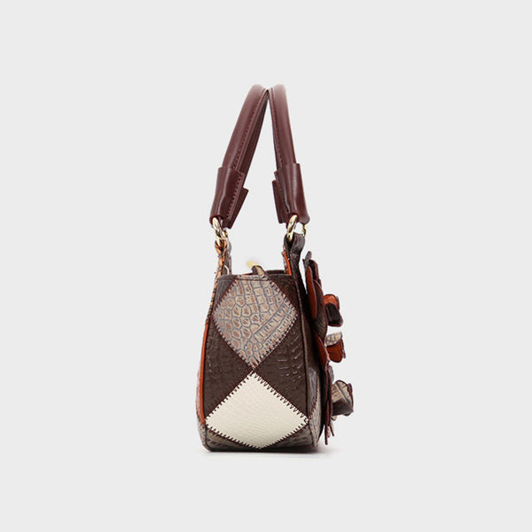 Boho Patchwork Leather Small Tote Bag for Women, Floral Detail Crossbody Purse Cute