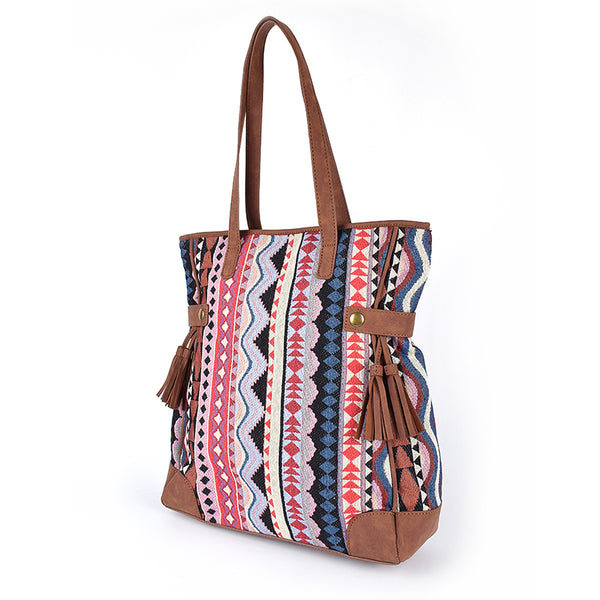 Boho Women's Canvas Handbags Medium Tote Bag WIth Fringe