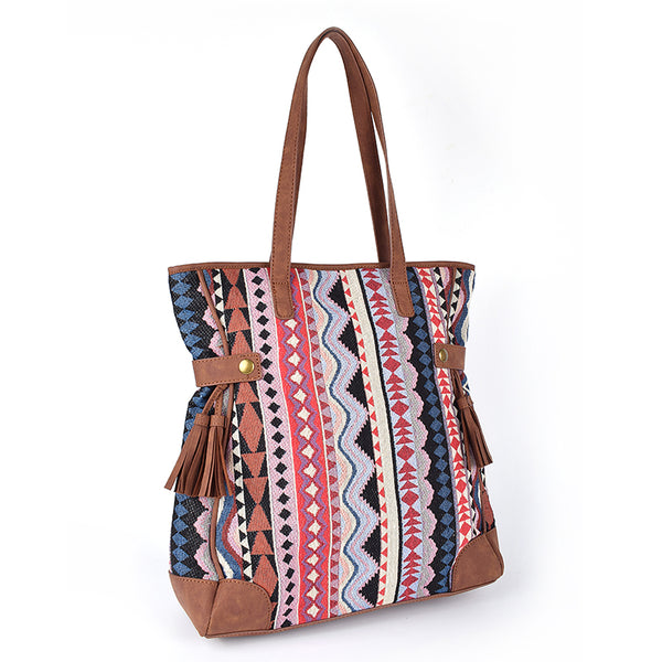 Boho Women's Canvas Handbags Medium Tote Bag WIth Fringe Casual