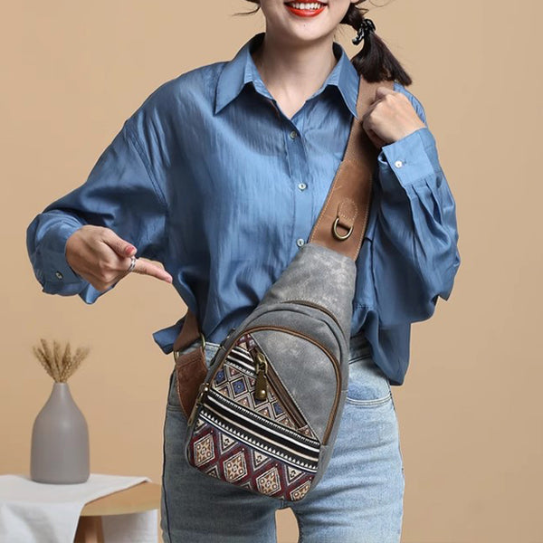 Boho Women's Crossbody Chest Bag Canvas Small Sling Bag