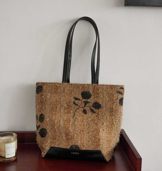 Boho Women's Large Woven Tote Bag with PU Leather Straps Casual Shoulder Handbag for Daily and Travel Use Affordable