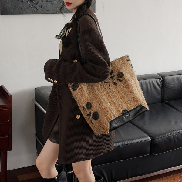 Boho Women's Large Woven Tote Bag with PU Leather Straps Casual Shoulder Handbag for Daily and Travel Use