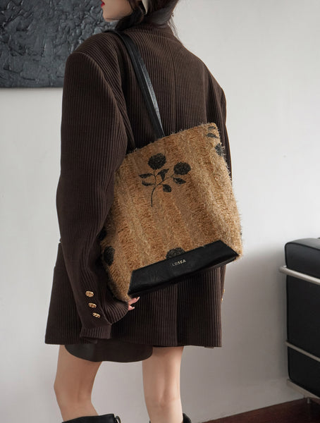 Boho Women's Large Woven Tote Bag with PU Leather Straps Casual Shoulder Handbag for Daily and Travel Use Chic