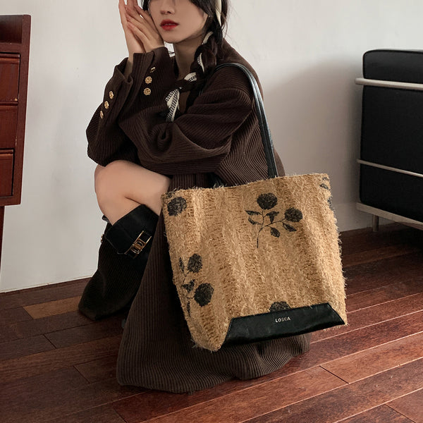 Boho Women's Large Woven Tote Bag with PU Leather Straps Casual Shoulder Handbag for Daily and Travel Use Classic
