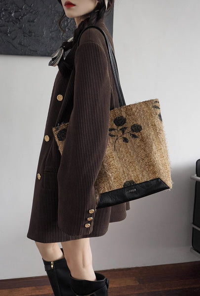Boho Women's Large Woven Tote Bag with PU Leather Straps Casual Shoulder Handbag for Daily and Travel Use Fashion