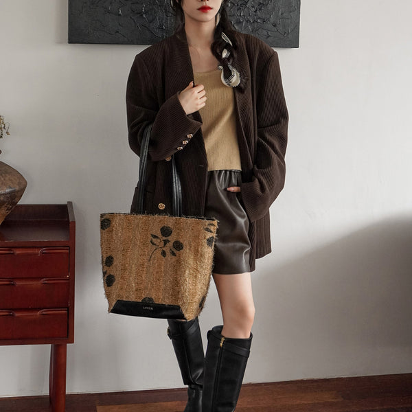 Boho Women's Large Woven Tote Bag with PU Leather Straps Casual Shoulder Handbag for Daily and Travel Use Fashionable