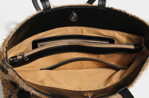 Boho Women's Large Woven Tote Bag with PU Leather Straps Casual Shoulder Handbag for Daily and Travel Use Inside