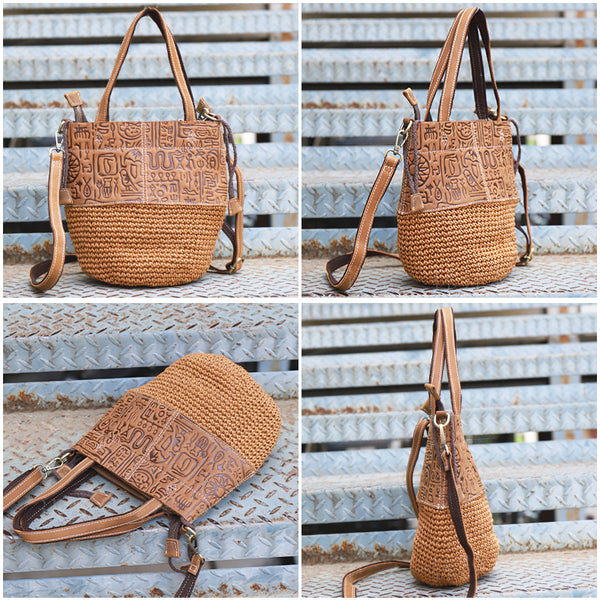 Boho Women's Small Crossbody Purse Woven Linen And Leather Bucket Handbags Beautiful