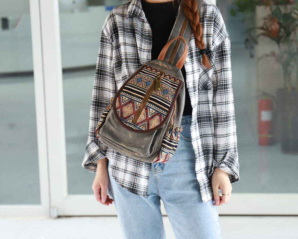 canvas backpacks with leather for women Boho Womens Canvas Rucksack Small Canvas Backpack Bag Chest Bag For Women