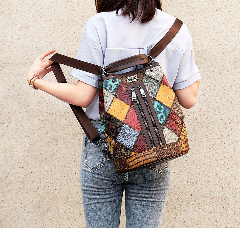 Boho Womens Convertible Leather Backpack Purse Shoulder Bucket Bag