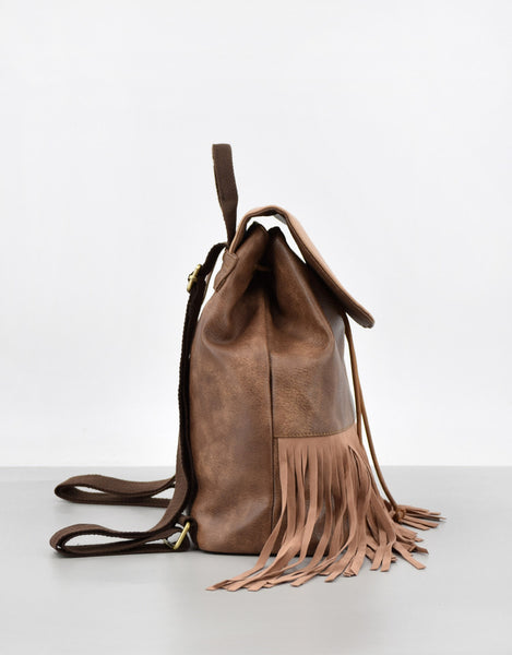 Boho Womens Fringe Backpack Bag Ladies Small Vegan Leather Rucksack Brown
