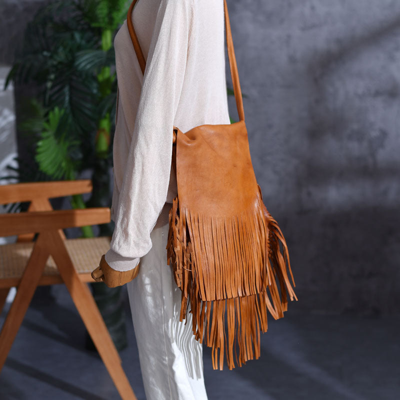Vintage Boho Leather Fringe Crossbody Bags Purse Shoulder Bag for Women, Brown