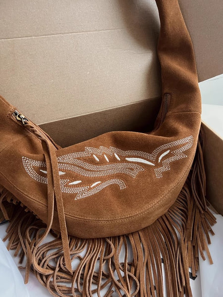 Boho Womens Fringe Shoulder Bag Leather Fringe Purse Brown