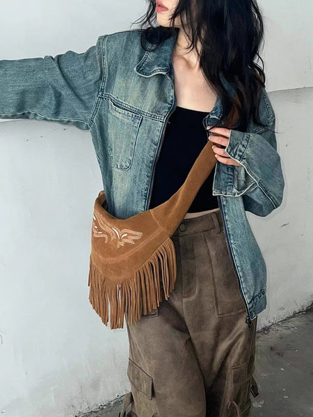 Boho Womens Fringe Shoulder Bag Leather Fringe Purse Casual