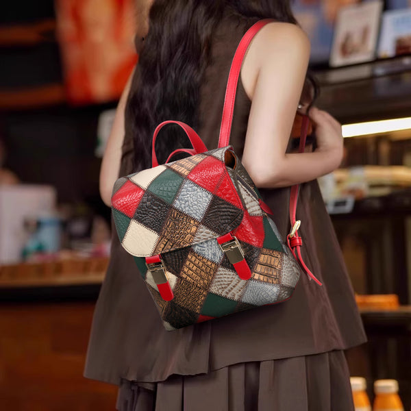 Boho Womens Genuine Leather Patchwork Backpack Multi-Carry Convertible Shoulder and Crossbody Bag Accessories