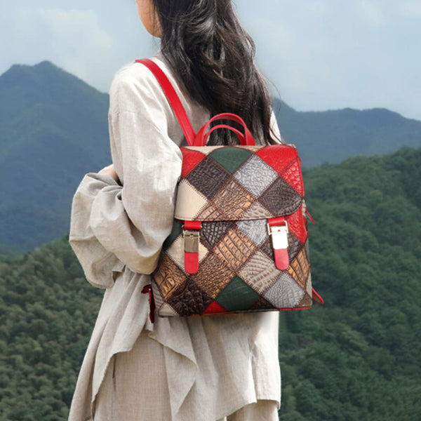 Boho Womens Genuine Leather Patchwork Backpack Multi-Carry Convertible Shoulder and Crossbody Bag Affordable