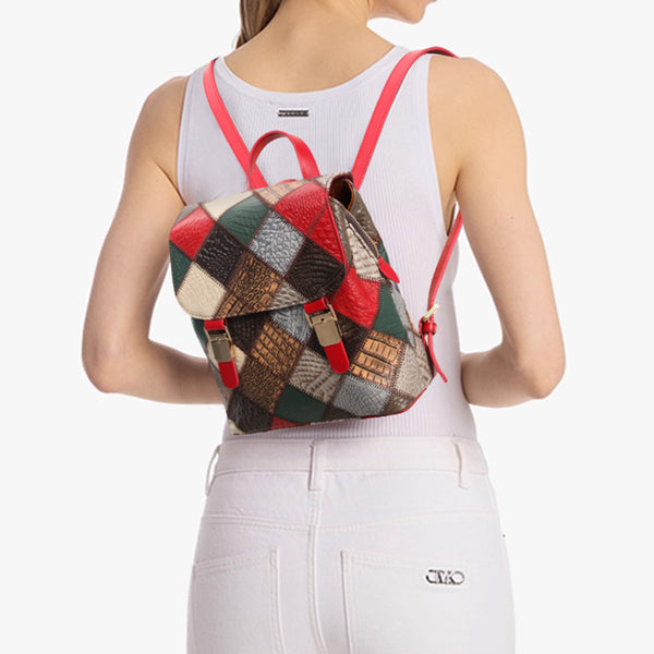 Boho Womens Genuine Leather Patchwork Backpack Multi-Carry Convertible Shoulder and Crossbody Bag Badass