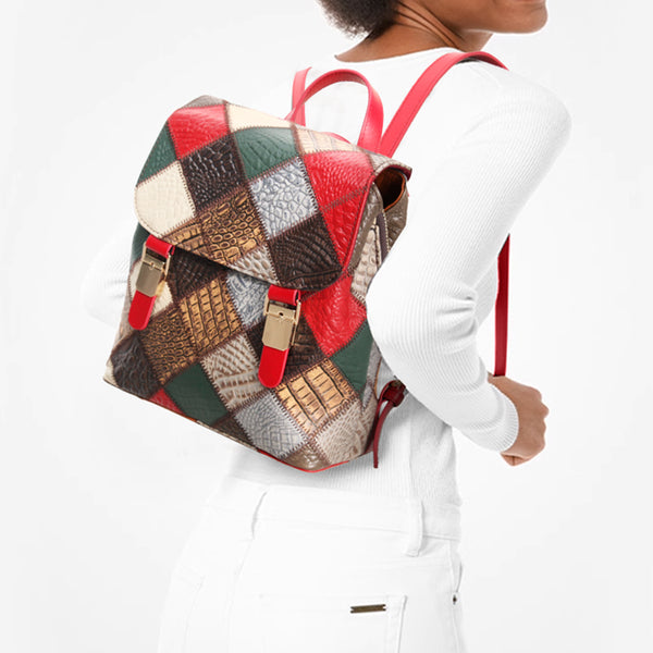 Boho Womens Genuine Leather Patchwork Backpack Multi-Carry Convertible Shoulder and Crossbody Bag Casual