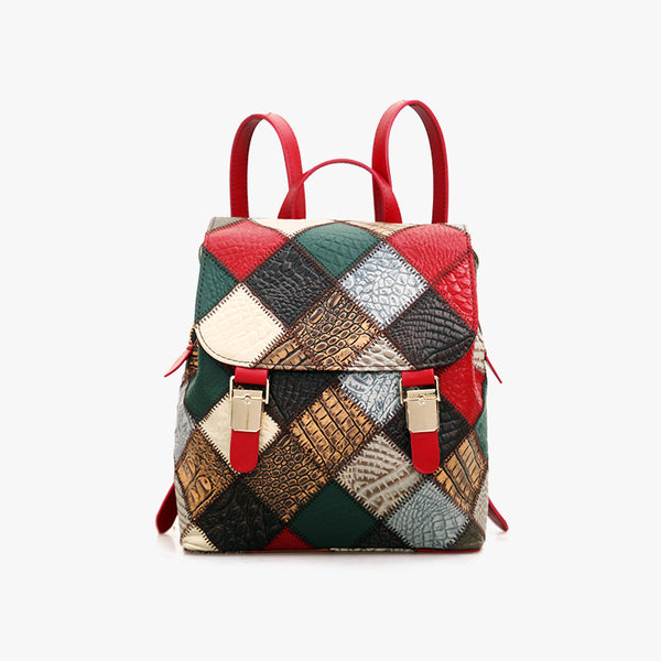 Boho Womens Genuine Leather Patchwork Backpack Multi-Carry Convertible Shoulder and Crossbody Bag Chic