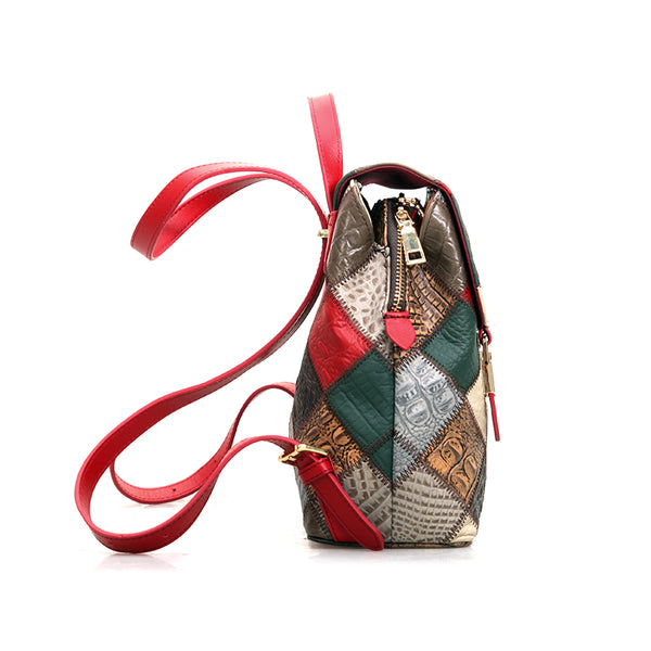 Boho Womens Genuine Leather Patchwork Backpack Multi-Carry Convertible Shoulder and Crossbody Bag Classic