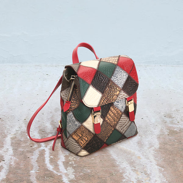 Boho Womens Genuine Leather Patchwork Backpack Multi-Carry Convertible Shoulder and Crossbody Bag Classy