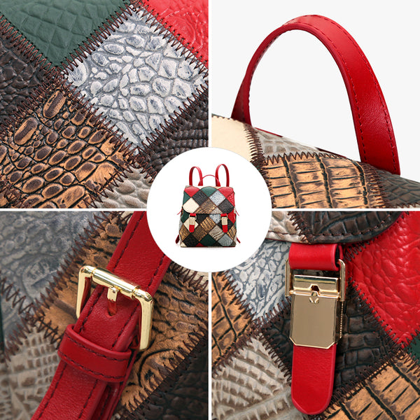 Boho Womens Genuine Leather Patchwork Backpack Multi-Carry Convertible Shoulder and Crossbody Bag Cute