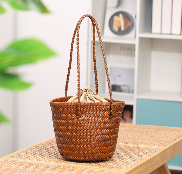 Boho Womens Leather Woven Bucket Shoulder Bag With Drawstring Inner Pouch Brown Shoulder Bag Beautiful