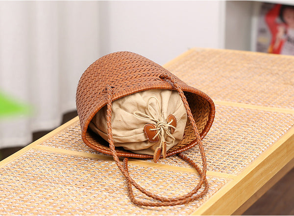 Boho Womens Leather Woven Bucket Shoulder Bag With Drawstring Inner Pouch Brown Shoulder Bag Casual